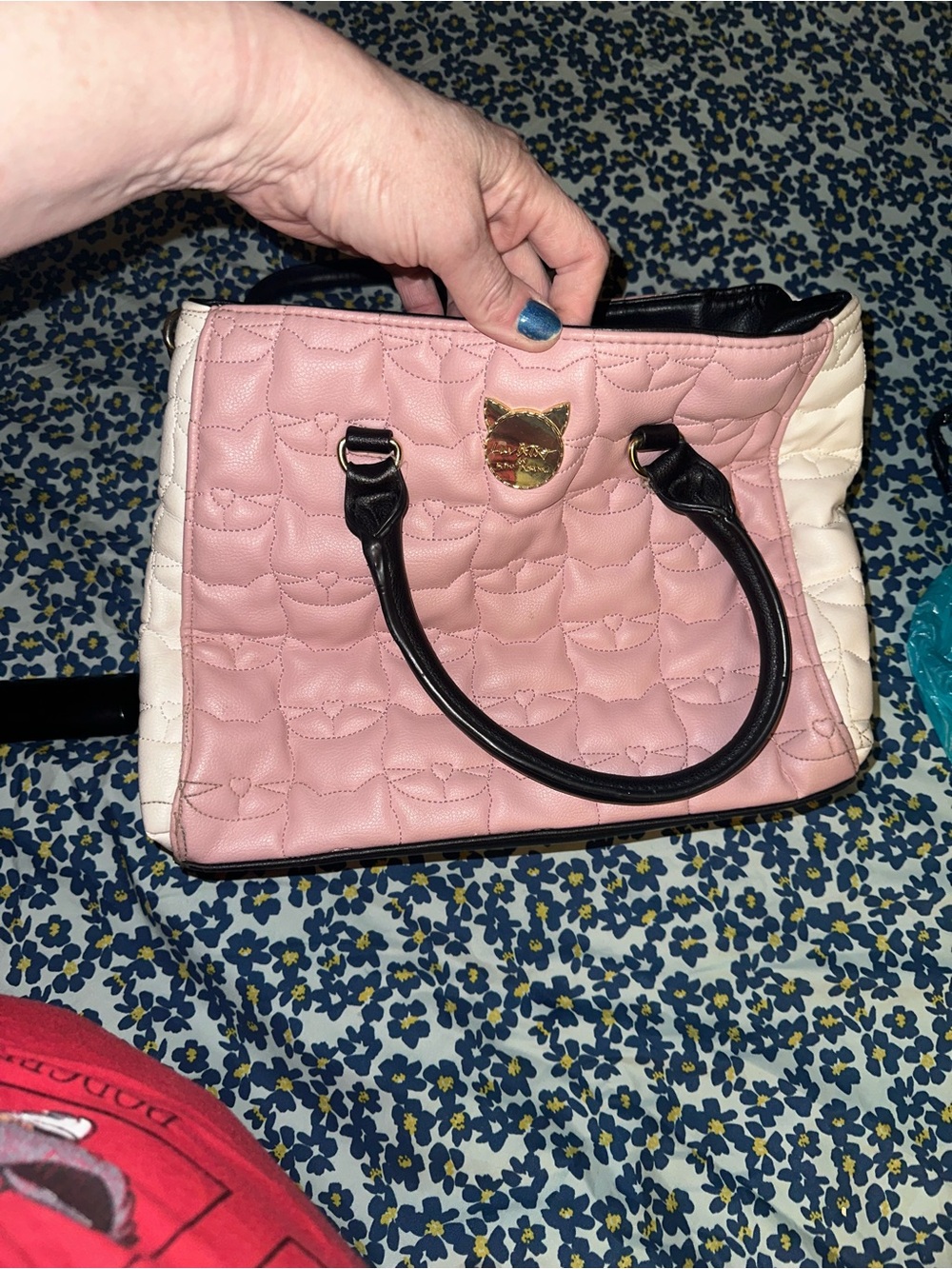 Betsey Johnson Pink, Cream & Black Quilted Satchel with Cat Crest
